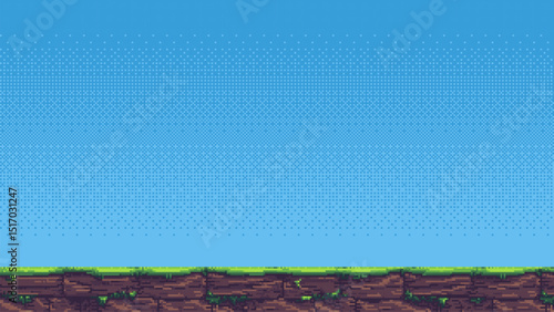 8-bit pixel art game level background. level template. 2D retro video game style. side-scrolling game. vector graphics. blue sky. 