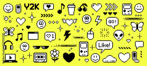 8-bit pixel art y2k icons. social media and internet. vector graphics. retro video game aesthetic. 90s nostalgia for Y2K fashion and computer technology. yellow background. 