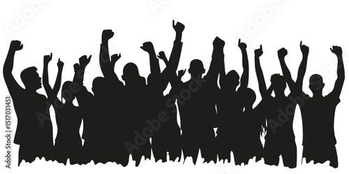 Crowd Silhouette Cheering with Raised Hands – Unity and Celebration