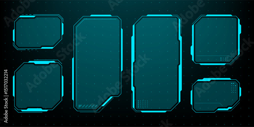 A set of futuristic HUD frames. cyberpunk style. vector graphics. sci-fi frame border for game UI and user interface design. empty text boxes set in abstract tech style.