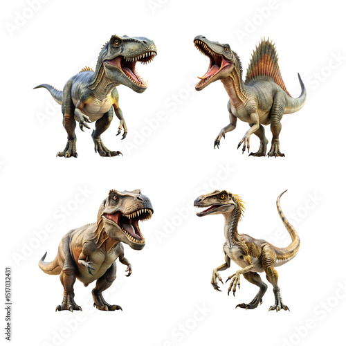 Fototapeta Naklejka Na Ścianę i Meble -  dinosaur on Transparent Background concept. Four distinct T. rex models showcasing varied colors and expressions, each roaring dramatically 
