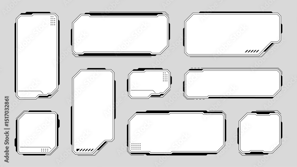Obraz premium Set of HUD UI element frames. Text boxes in abstract tech style. cyberpunk style. hi-tech design. Modern technology banners. Vector graphics. game interface elements. sci-fi frames