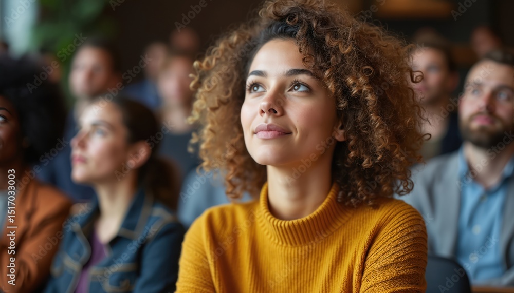 Portrait young woman with curly hair looks up. Audience at business workshop seminar. Smiling female listening speaker, learning online presence. Professionals on conference. Side copy space for text. Portrait young woman with curly hair looks up. Audience at business workshop seminar. Smiling female listening speaker, learning online presence. Professionals on conference. Side copy space for text.