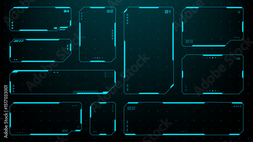 Set of HUD UI element frames. Text boxes in abstract tech style. cyberpunk style. hi-tech design. Modern technology banners. Vector graphics. game interface elements. sci-fi frames