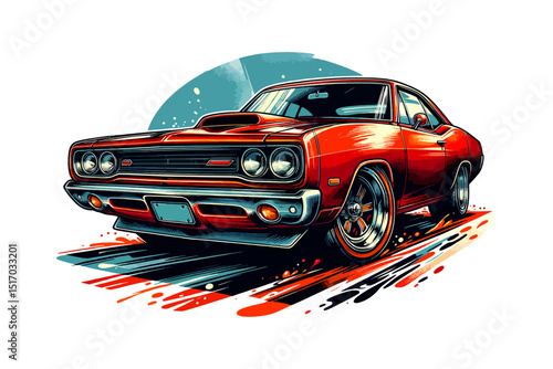 Bold red classic muscle car illustration with speed lines design