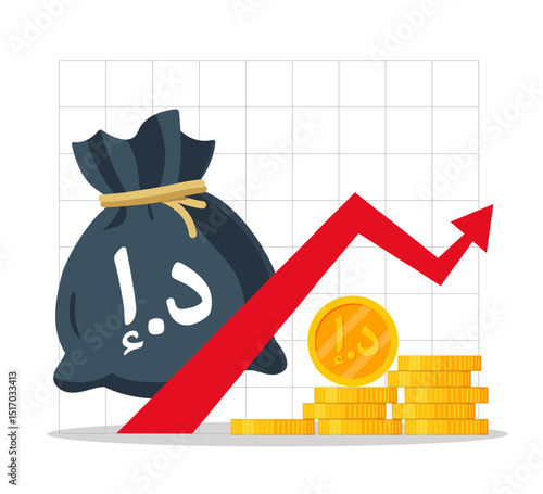United Arab Emirates Money - Dirham bag with red arrow going up.