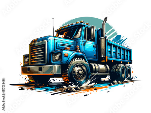 Stylized blue dump truck illustration with dynamic elements on a transparent background