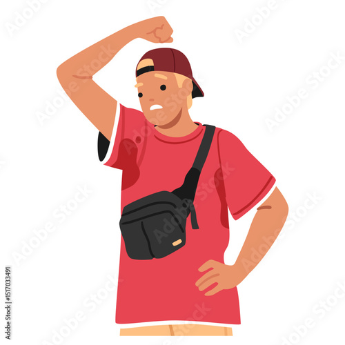 Teenage guy cartoon character feeling disgust due to sweaty armpits and wet stain on clothes