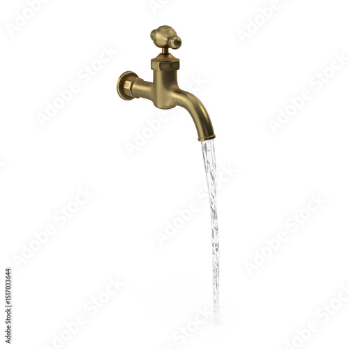 Vintage Brass Water Tap with Running Water isolated on transparent background