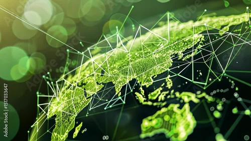 Green nodes on a global map represent a network of worldwide corporate sustainability schemes. Corporate carbon reduction