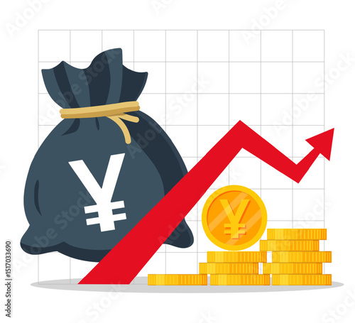Japanese yen and Chinese yuan vector money bag and rising arrow.
