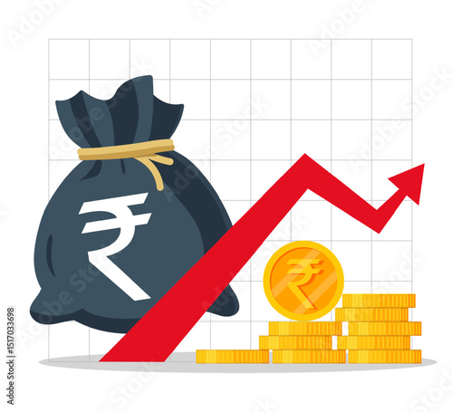 Indian rupee money bag, coins and red rising arrow. Finance growth vector illustration.