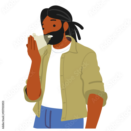 African American man cartoon character suffering from stinky mouth breath feeing terrible discomfort