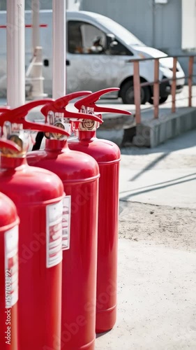Wallpaper Mural Line of several identical red fire extinguishers stand ready for emergency use near service vehicle and metal structure. Torontodigital.ca