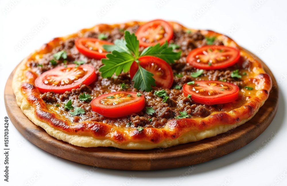 Turkish Lahmacun pizza with ground meat tomatoes parsley. Traditional Anatolian cuisine flatbread. Delicious meal served on wood plate. Culinary photo for restaurant menu recipe. Turkish Lahmacun pizza with ground meat tomatoes parsley. Traditional Anatolian cuisine flatbread. Delicious meal served on wood plate. Culinary photo for restaurant menu recipe.