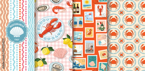 Mediterranean summer. Vector illustration of Amalfi, Italian cuisine, striped pattern, lobster, crab, lemon, postage stamps, shell for poster, background or textile