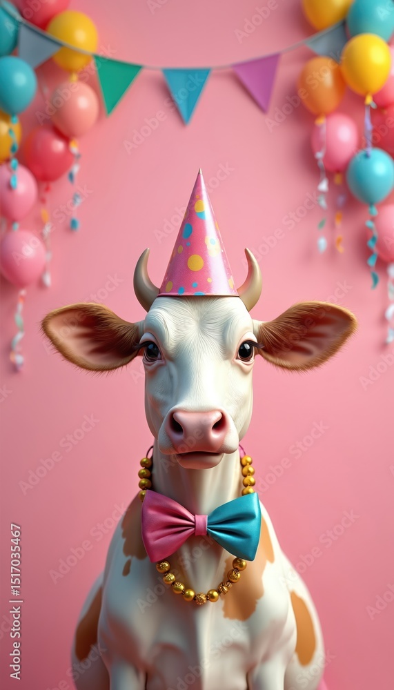 Naklejka premium Anthropomorphic cow wears party hat, bow tie, necklace against pastel pink background with festive balloons. Adorable cow character portrait invites birthday party, celebration, holiday design. Fun,