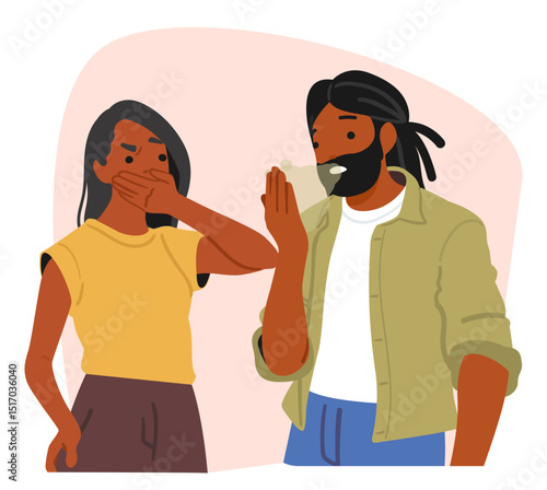 Woman closing nose feeling disgust due to bad smell from mouth of her partner vector illustration