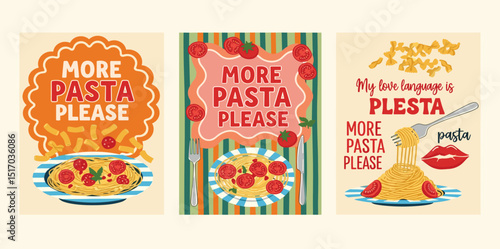 Italian pasta. Vector fun modern food art illustration of pasta, plate of spaghetti, tomato, typography, fork for kitchen or cafe wall poster, background, decor. More pasta please.