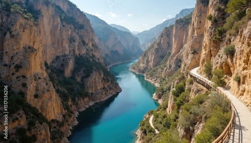 Caminito del Rey walking trail with El Chorro Gorge view. Kings pathway, hiking route in Spain. Adventure tourism, beautiful canyon landscape, stunning rock formations and turquoise river.