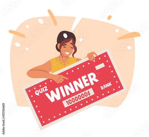 Happy smiling woman cartoon character quiz game winner holding voucher with cash prize award