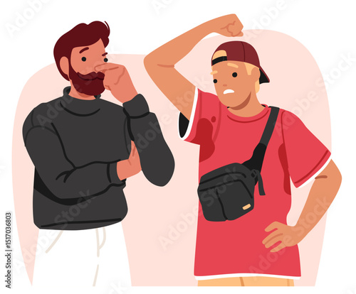 Young guy feeling discomfort due to sweaty armpits during conversation with friend cartoon scene