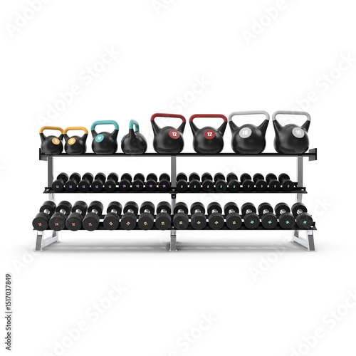 Dumbbells and Kettlebells on Gym Rack isolated on transparent background