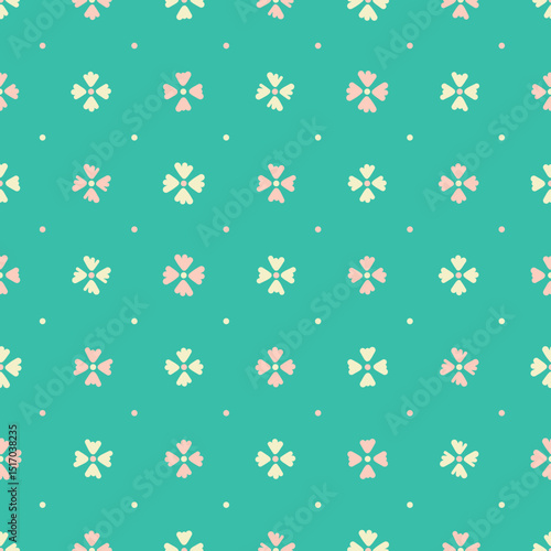 Flower polka dot tiled motif pattern. Doodle floral seamless background vector in pink and yellow over green.