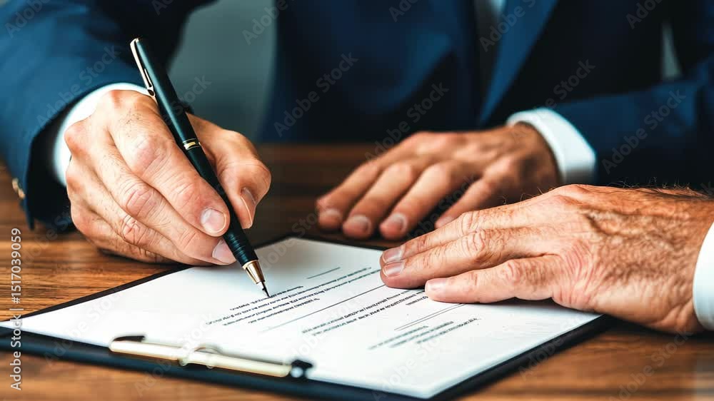 Signing Legal Document: A close-up shot captures the pivotal moment of signing a legal document, showcasing the importance of agreements and professional dedication in a focused business setting. Signing Legal Document: A close-up shot captures the pivotal moment of signing a legal document, showcasing the importance of agreements and professional dedication in a focused business setting.