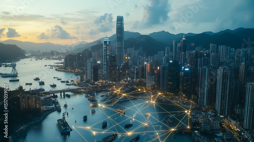 Hong Kong skyline at twilight with interconnected network