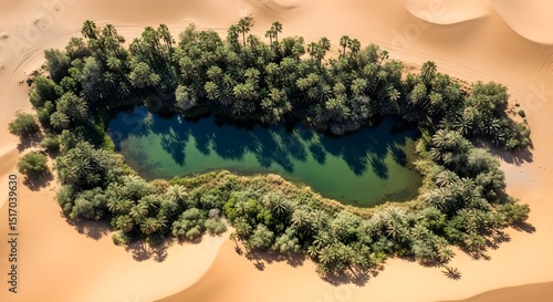 Lush Oasis in Desert: A Vibrant Green Island of Life