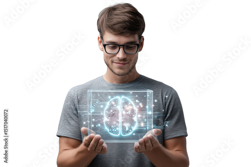 Pulsating Intelligence: AI Developer Holding Glowing Brain Circuit for Innovation and Future Technology.