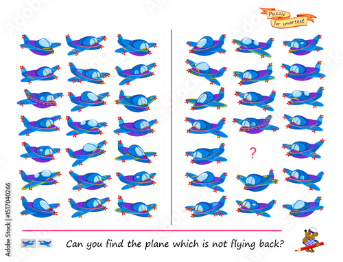 Can you find the plane which is not flying back? Logic puzzle for smartest. Educational game for children. Page for kids brain teaser book. Task for attentiveness. IQ test. Flat vector illustration.