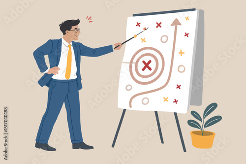 Business strategy planning, marketing tactic or winning strategy to achieve target, project blocker and solution to be success concept, smart businessman presenting business strategy on whiteboard. Se