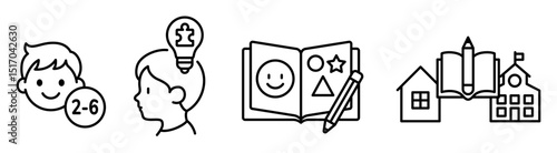 Set of educational vector icons for kids aged 2–6 with learning, creativity, and school symbols in outline style