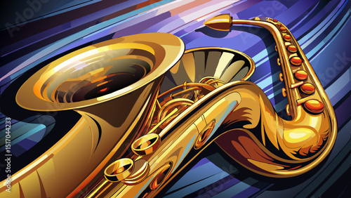Detailed saxophone mouthpiece and curved golden body shine in a studio setting—highlighting metallic reflections and jazz soul, ideal for a stylish and musical vector artwork.