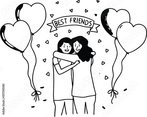 Best friends forever embracing surrounded by hearts and balloons