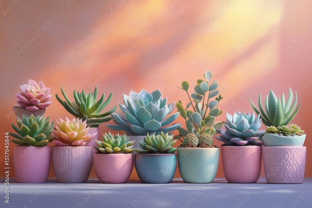 Fototapeta premium A vibrant collection of succulents in colorful pots sits against a warm, sunny, gradient background, creating a serene botanical display.
