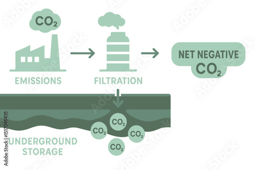 Vector icon showing the process of carbon capture, carbon neutrality, global sustainability, recyclable, clean technology, sustainable housing, emission reduction, wind power, renewable energy