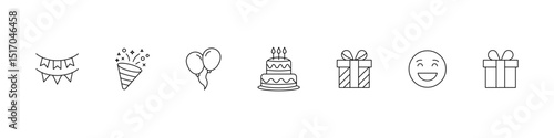 Celebration party icons. A collection of minimalist line art icons for birthday celebrations, including birthday elements like cake, gifts, balloons, confetti, and festive decorations. Editable stroke