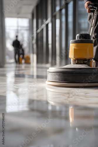 Professional floor cleaning machine with yellow scrubbing pad polishing a shiny marble floor in a bright, modern interior space