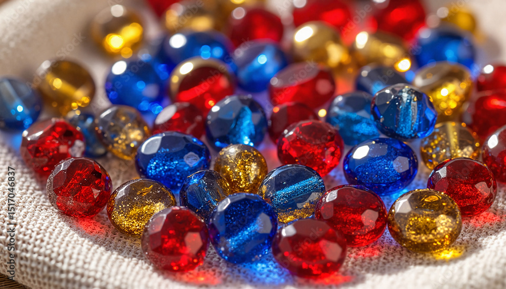 Colorful glass beads in red, blue, and gold on a fabric background Colorful glass beads in red, blue, and gold on a fabric background