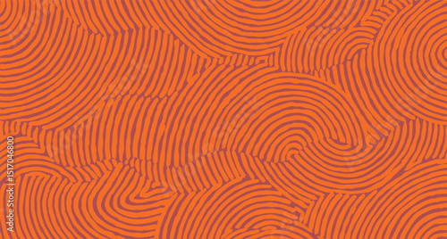 Hand drawn brush lines abstract circular waves pattern in orange, Japanese folk, tribal imperfect hand paint background, irregular graphic for textile, carpet