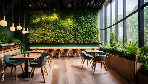 modern cafe or restaurant featuring living green wall biophilic design with vertical gardening eco friendly ambiance