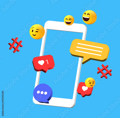 social media background communication concept. social network icons with smartphone and modern chat message speech bubble icon , 3d funny emoticon emoji - Digital marketing 3d vector illustration