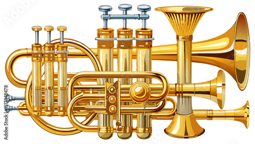 Golden trumpet valves and polished tubing sparkle in close-up detail—isolated on white, evoking the brilliance and breath of brass instruments in modern vector composition.

