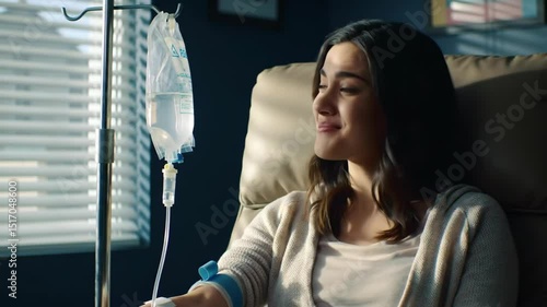 IV Drip Vitamin Infusion Therapy Saline Bag, A young woman who is refreshed by IV or Ozone therapy