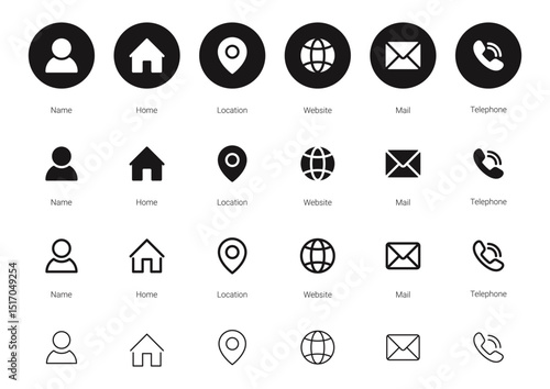 Contact us icon. Web icons set , home, call, email, address, location, globe, message, envelope, mobile, telephone, website, icon . Communication contact information icon. Business card icon set