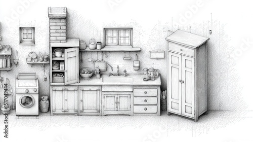Detailed grayscale drawing of a quaint kitchen
