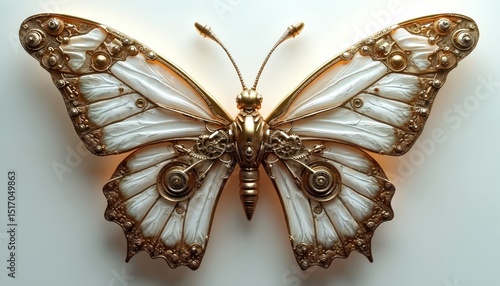 Beautiful steampunk mechanical butterfly illustration. Steampunk animal created with tech machine parts. Golden insect machine with ornate details, gears, wheels, metal wings, antenna, body, future